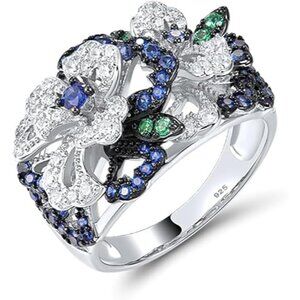 Peony-Blue Sterling Silver Gemstone Flower Ring for Women